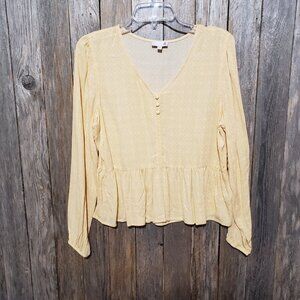 SO Top Blouse S Yellow Peplum Ruffle Flowy Long Sleeve V Neck Junior's Small